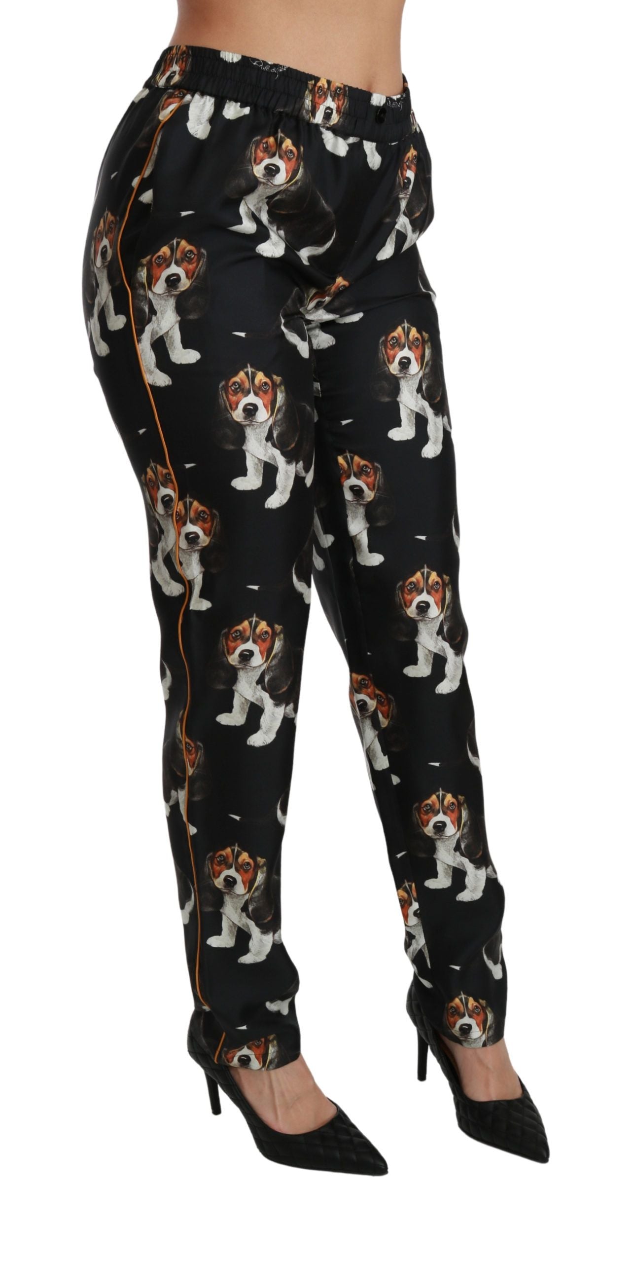 Dolce &amp; Gabbana Schwarze Skinny-Hose aus Seide mit mittelhohem Bund und Welpenmotiv
