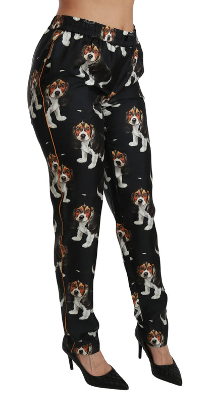 Dolce &amp; Gabbana Schwarze Skinny-Hose aus Seide mit mittelhohem Bund und Welpenmotiv