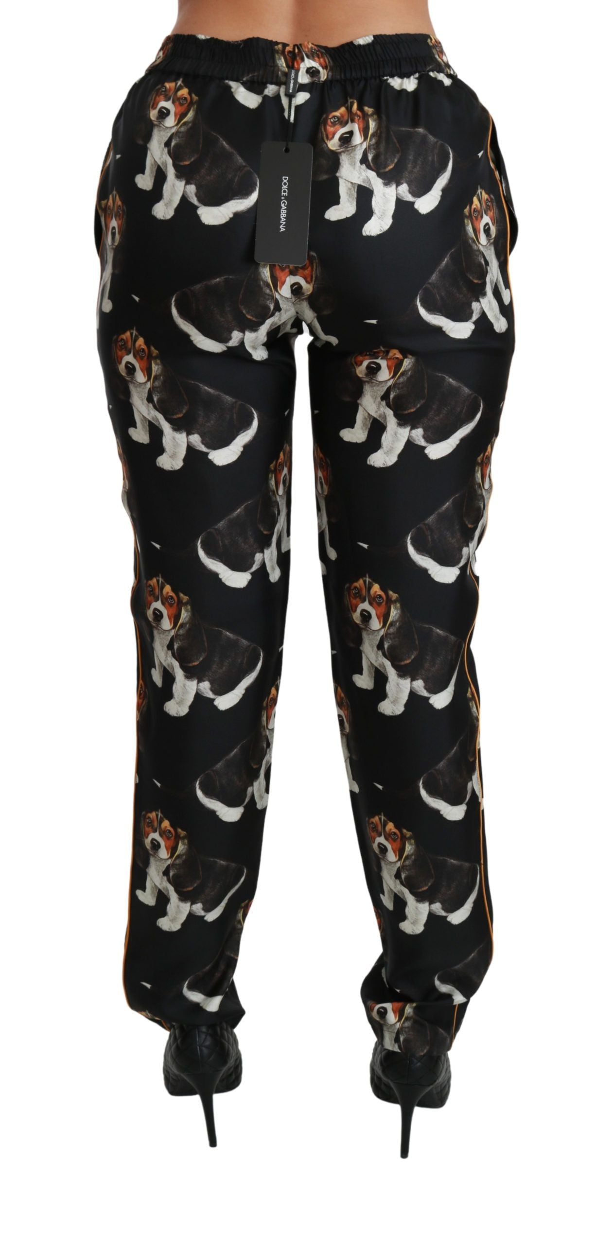 Dolce &amp; Gabbana Schwarze Skinny-Hose aus Seide mit mittelhohem Bund und Welpenmotiv