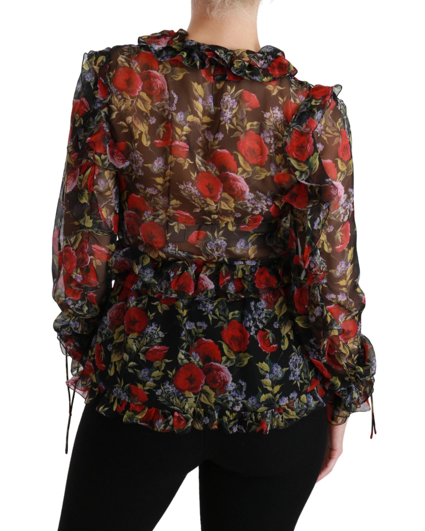 Dolce &amp; Gabbana Schwarze Bluse mit Rosen-Blumenmuster, Seidentop