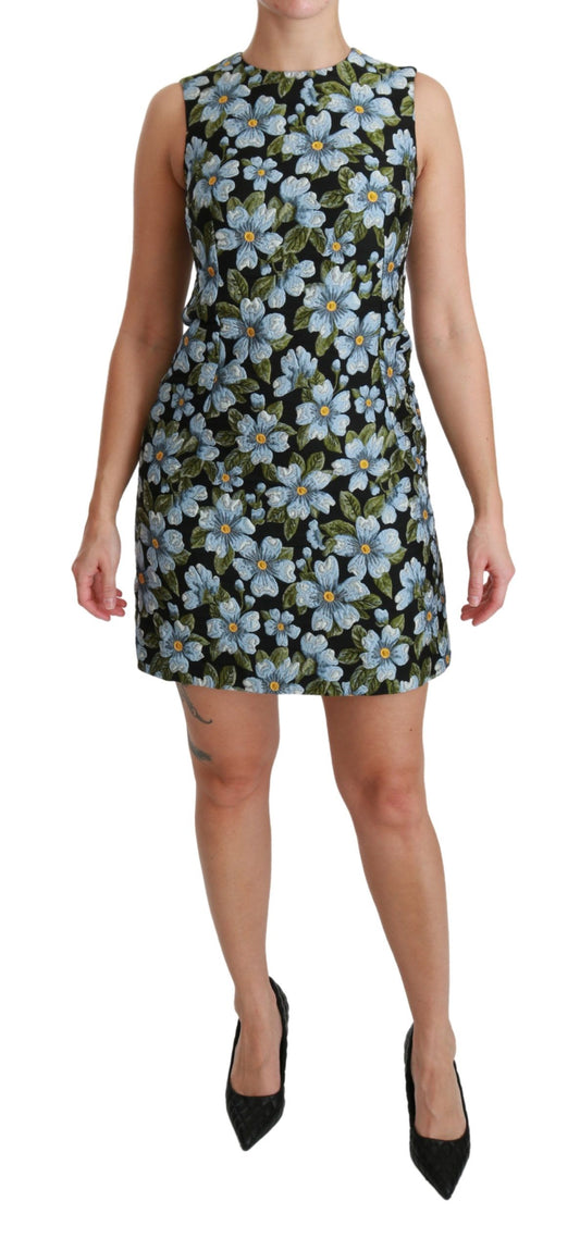 Dolce &amp; Gabbana – Blaues Etuikleid aus geblümtem Brokat