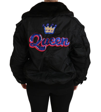 Dolce &amp; Gabbana Black Queen Crown Sequined Bomber Jacket