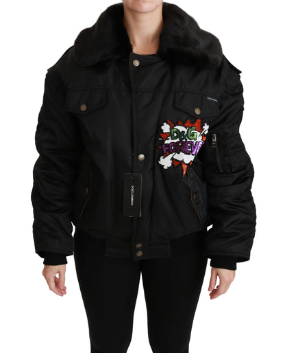 Dolce &amp; Gabbana Black Queen Crown Sequined Bomber Jacket