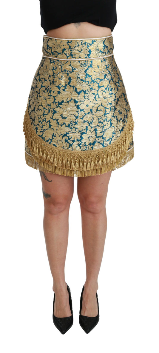 Dolce &amp; Gabbana – Blauer, hoch taillierter Jacquard-Rock mit Quasten und Gold