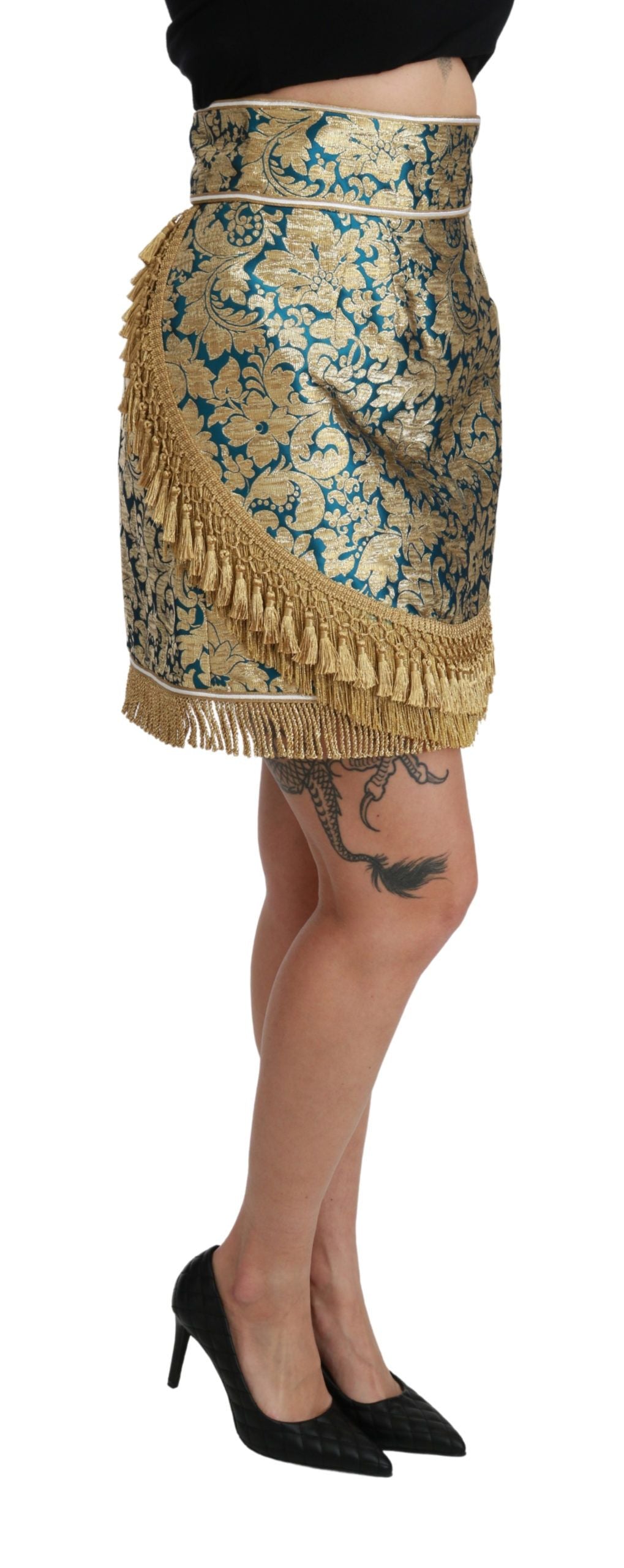 Dolce &amp; Gabbana – Blauer, hoch taillierter Jacquard-Rock mit Quasten und Gold