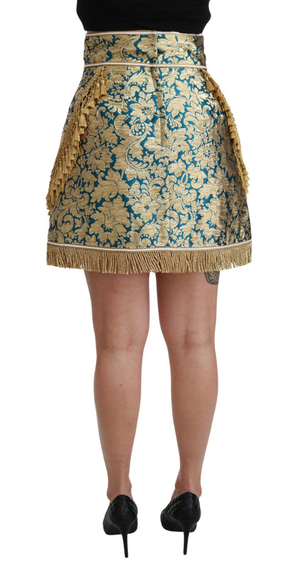Dolce &amp; Gabbana – Blauer, hoch taillierter Jacquard-Rock mit Quasten und Gold