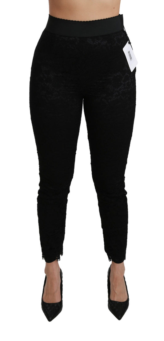 Dolce &amp; Gabbana – Enge Baumwollhose mit hoher Taille und Spitze in Schwarz