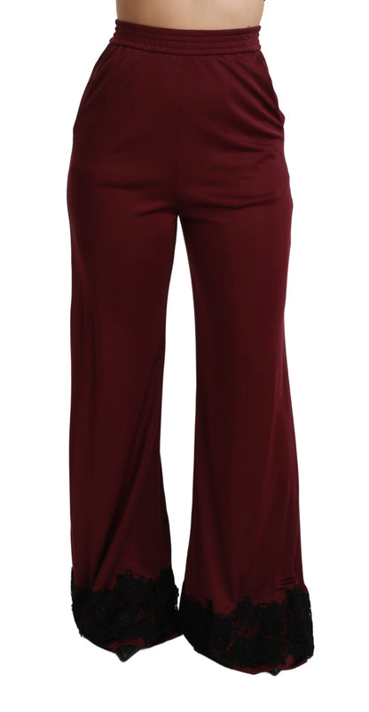 Dolce &amp; Gabbana – Kastanienbraune Hose mit hoher Taille und weitem Bein aus schwarzer Spitze