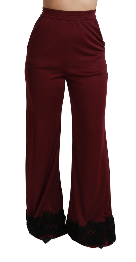 Dolce &amp; Gabbana – Kastanienbraune Hose mit hoher Taille und weitem Bein aus schwarzer Spitze