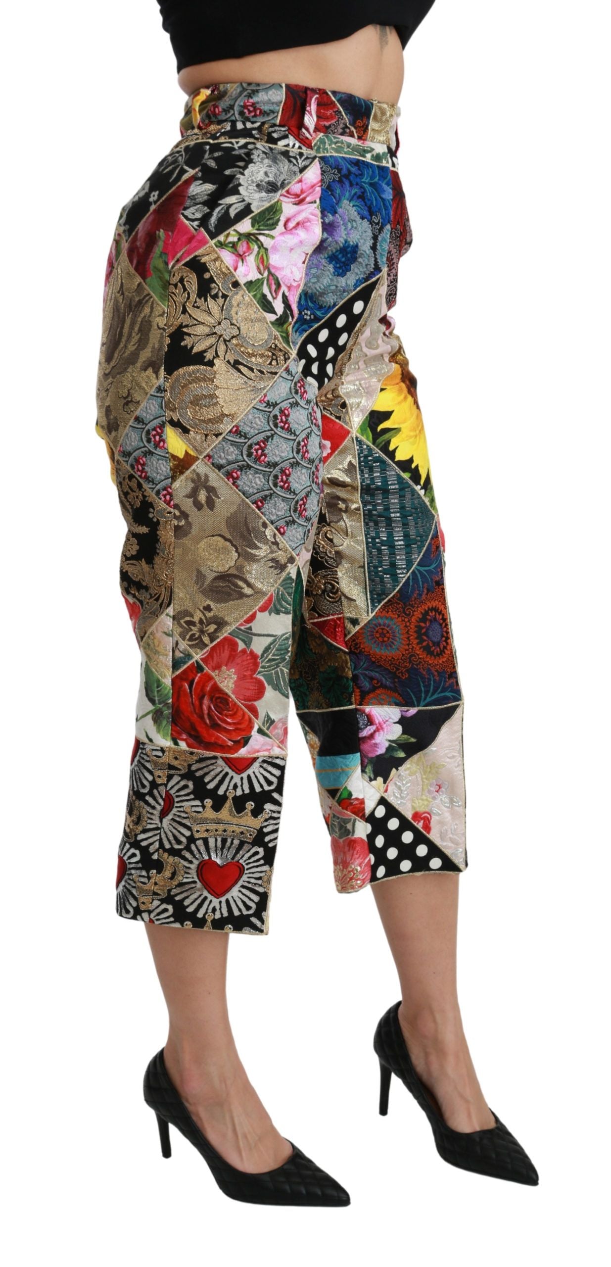 Dolce &amp; Gabbana – Hoch taillierte, verkürzte Hose aus Seide mit mehrfarbigem Print
