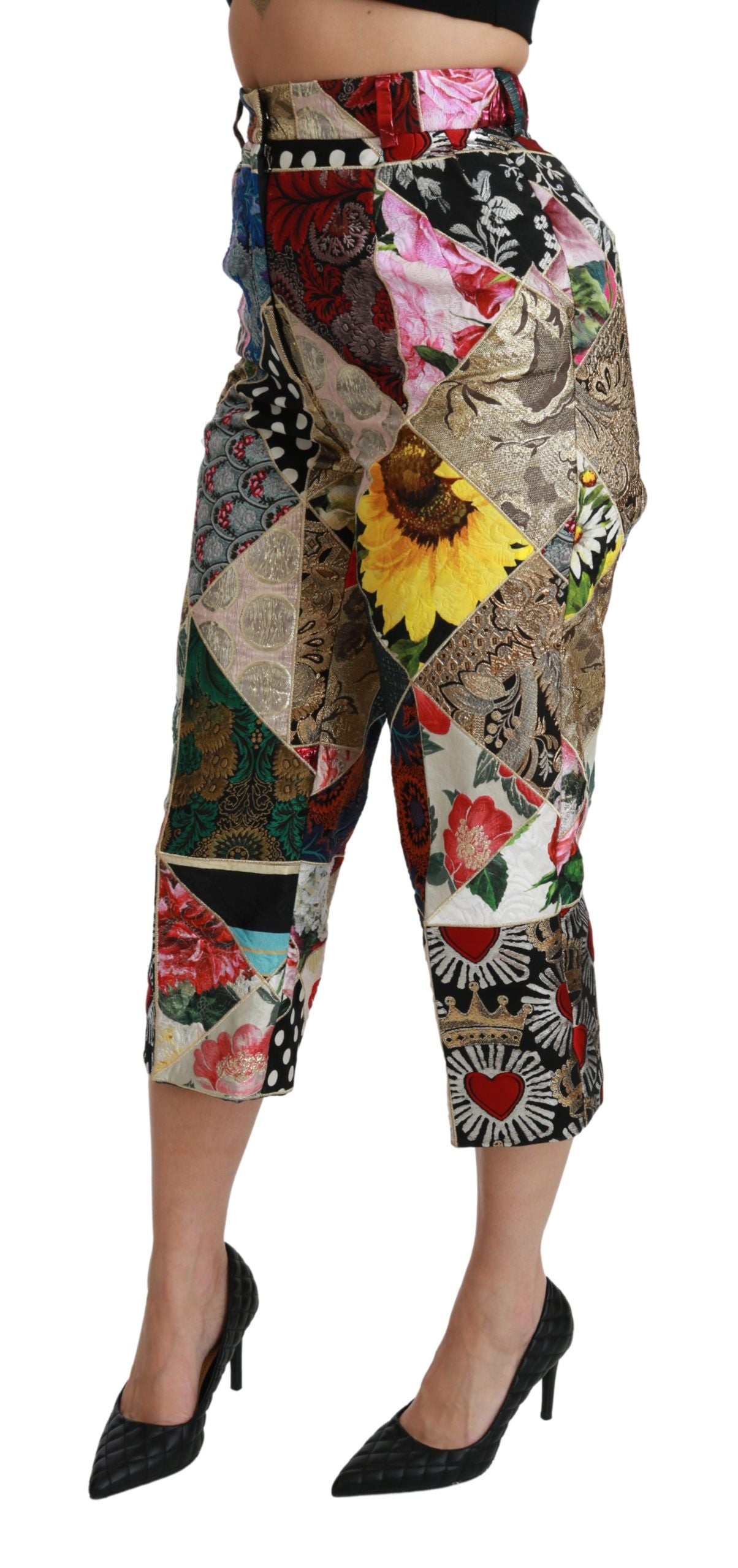 Dolce &amp; Gabbana – Hoch taillierte, verkürzte Hose aus Seide mit mehrfarbigem Print