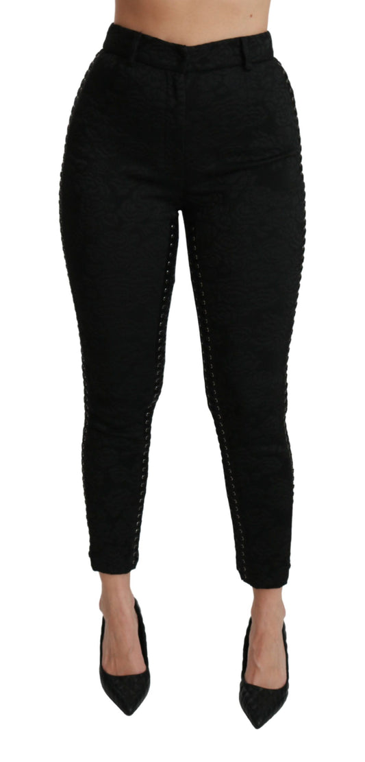 Dolce &amp; Gabbana – Enge, hoch taillierte Hose aus schwarzem Brokat