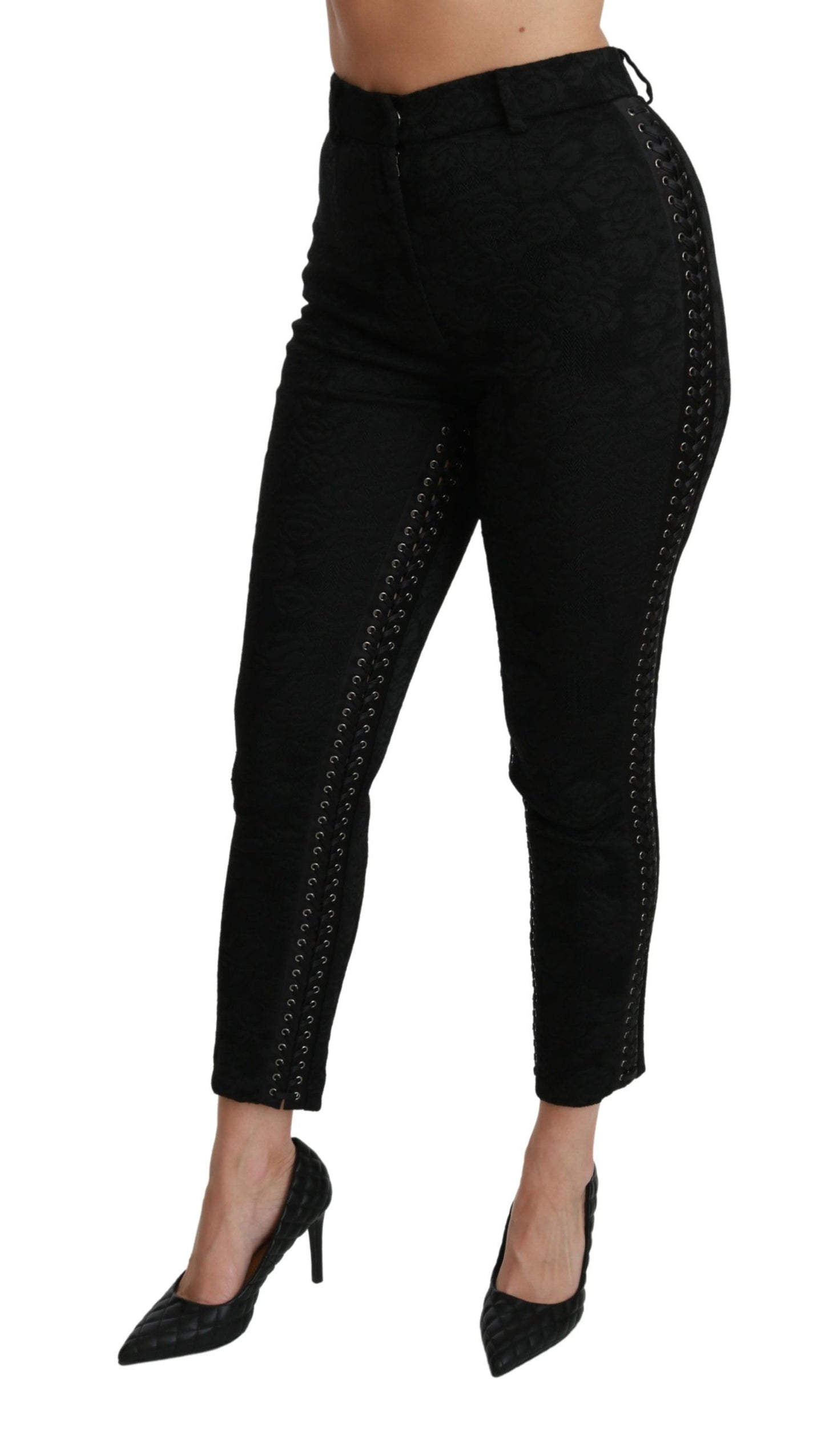 Dolce &amp; Gabbana – Enge, hoch taillierte Hose aus schwarzem Brokat