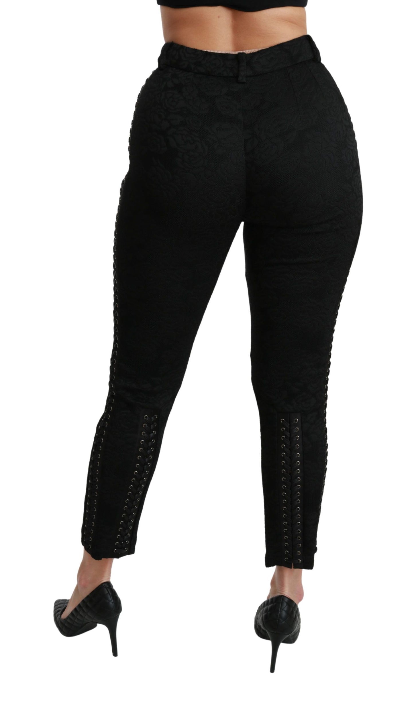 Dolce &amp; Gabbana – Enge, hoch taillierte Hose aus schwarzem Brokat