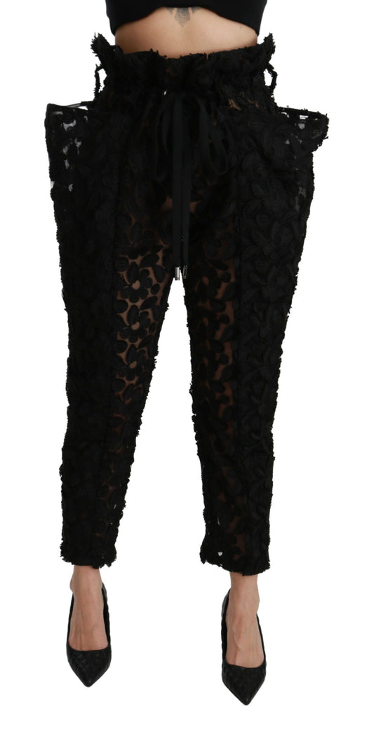 Dolce &amp; Gabbana – Schwarze, konische Hose mit hoher Taille und Blumenspitze