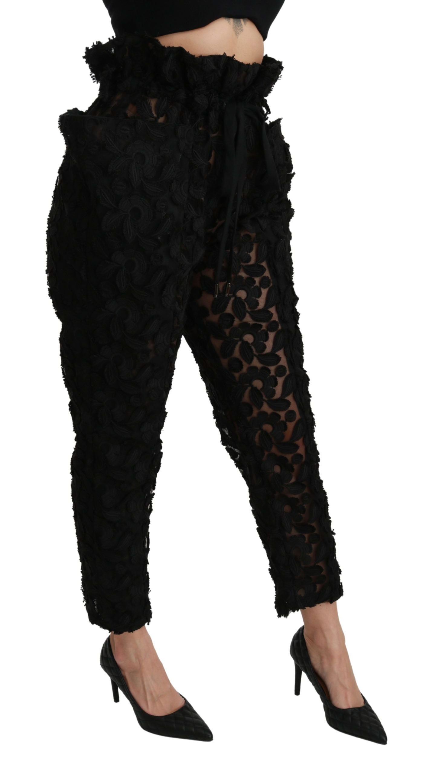 Dolce &amp; Gabbana – Schwarze, konische Hose mit hoher Taille und Blumenspitze