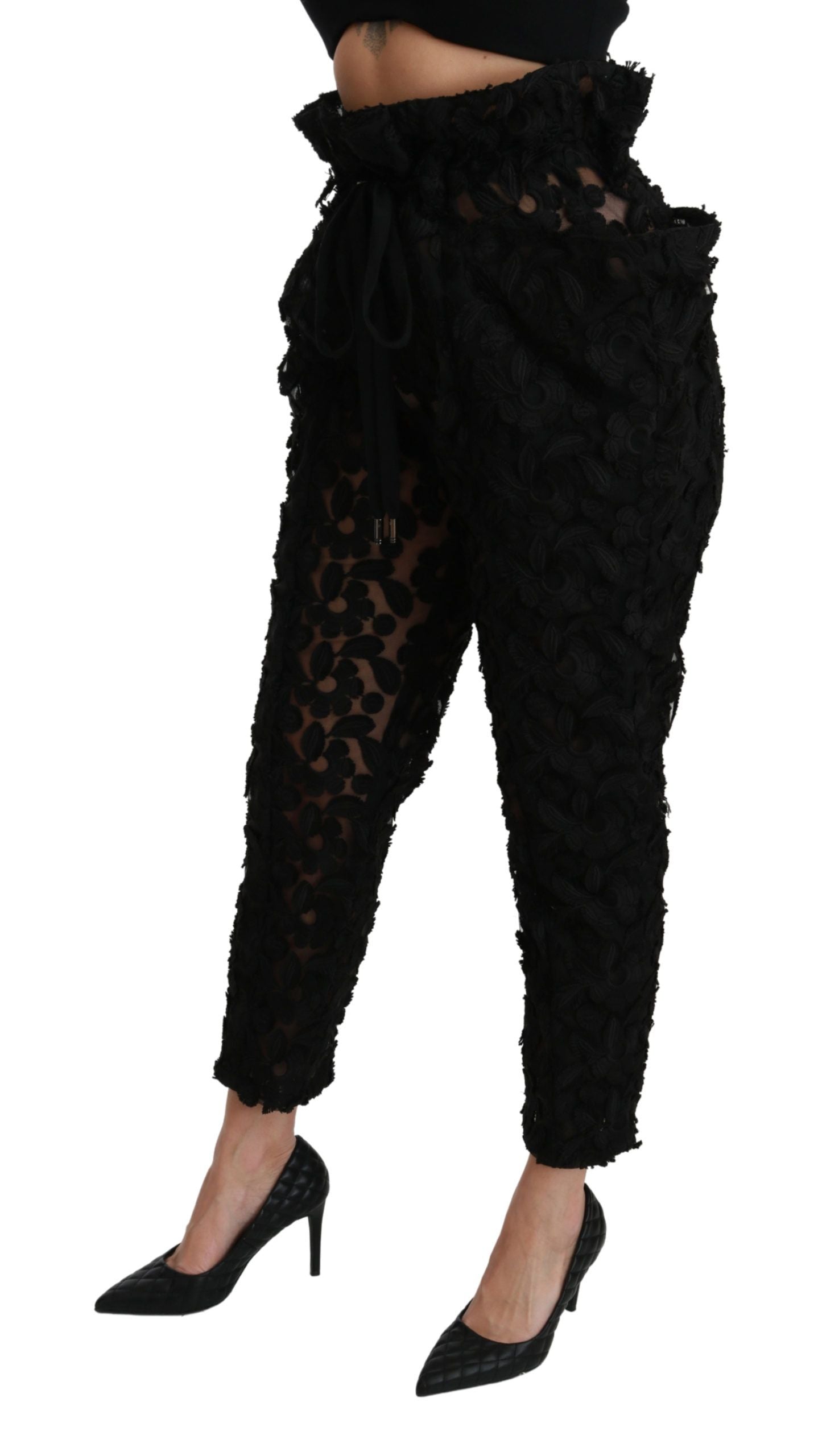 Dolce &amp; Gabbana – Schwarze, konische Hose mit hoher Taille und Blumenspitze