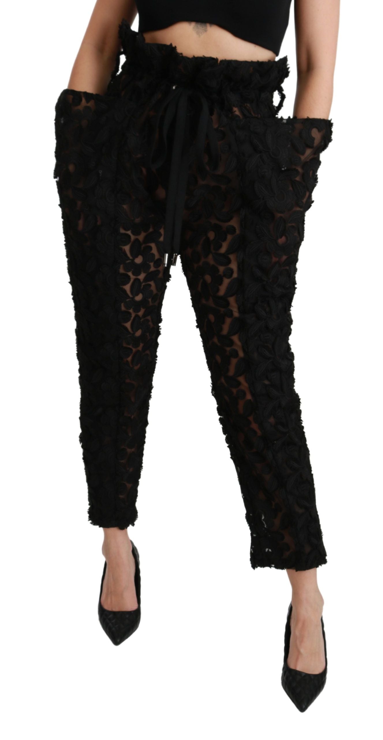 Dolce &amp; Gabbana – Schwarze, konische Hose mit hoher Taille und Blumenspitze