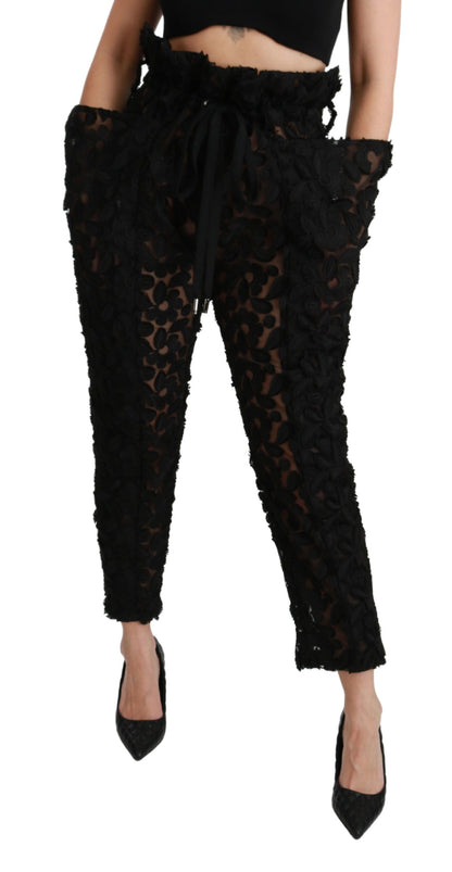 Dolce &amp; Gabbana – Schwarze, konische Hose mit hoher Taille und Blumenspitze