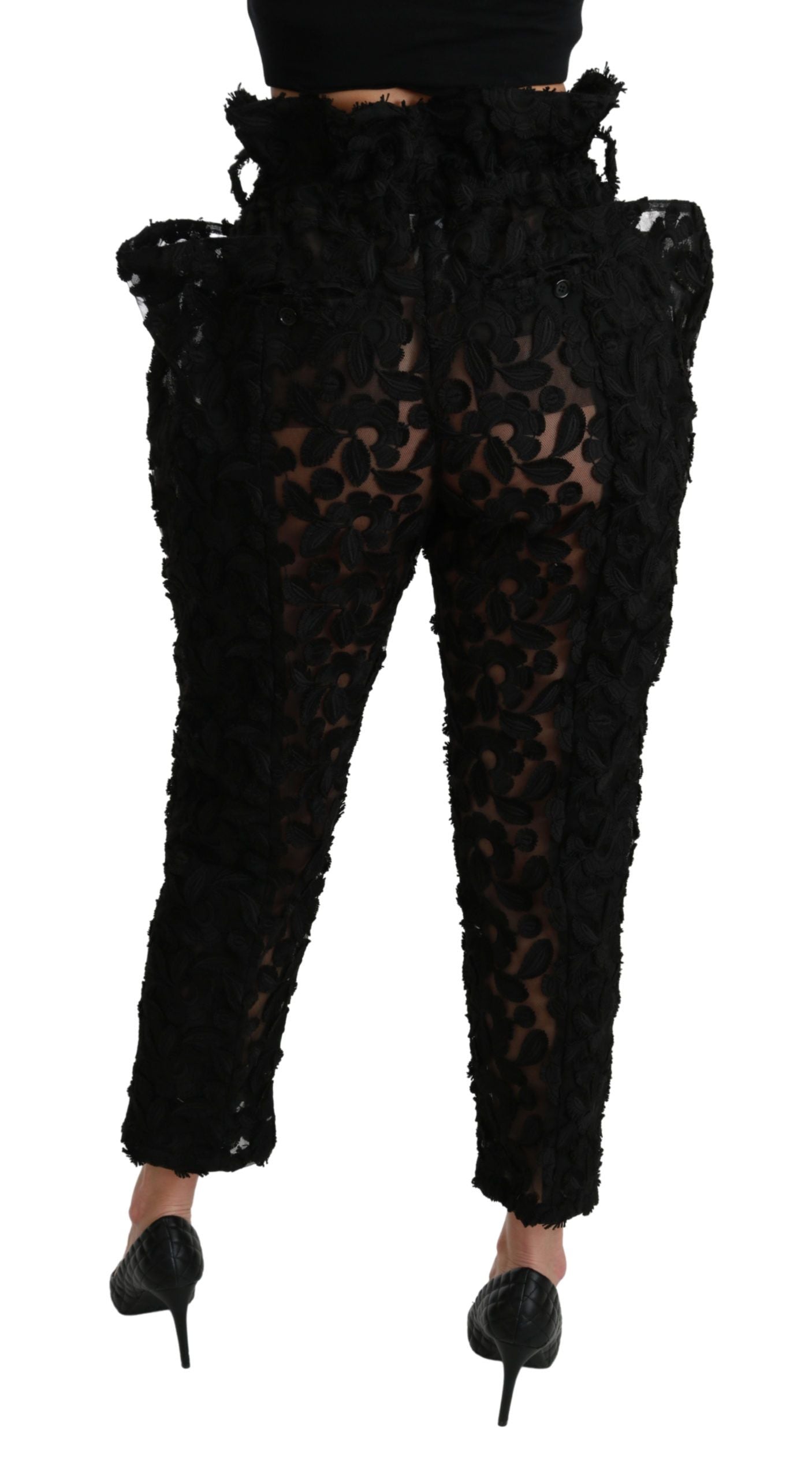 Dolce &amp; Gabbana – Schwarze, konische Hose mit hoher Taille und Blumenspitze