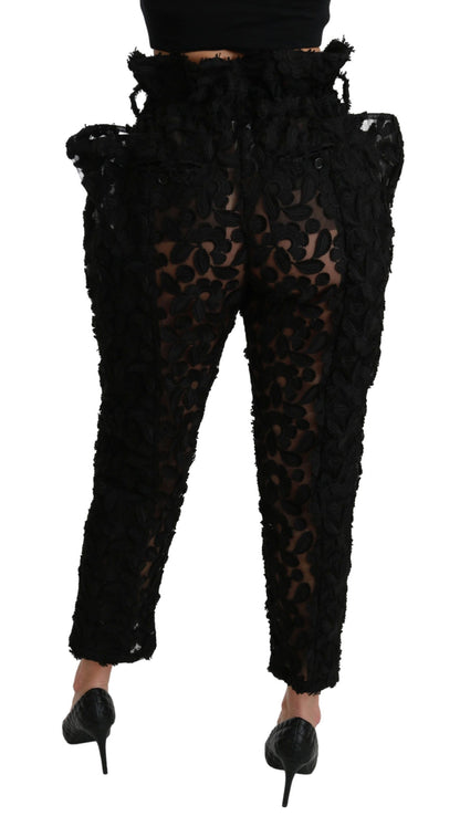 Dolce &amp; Gabbana – Schwarze, konische Hose mit hoher Taille und Blumenspitze