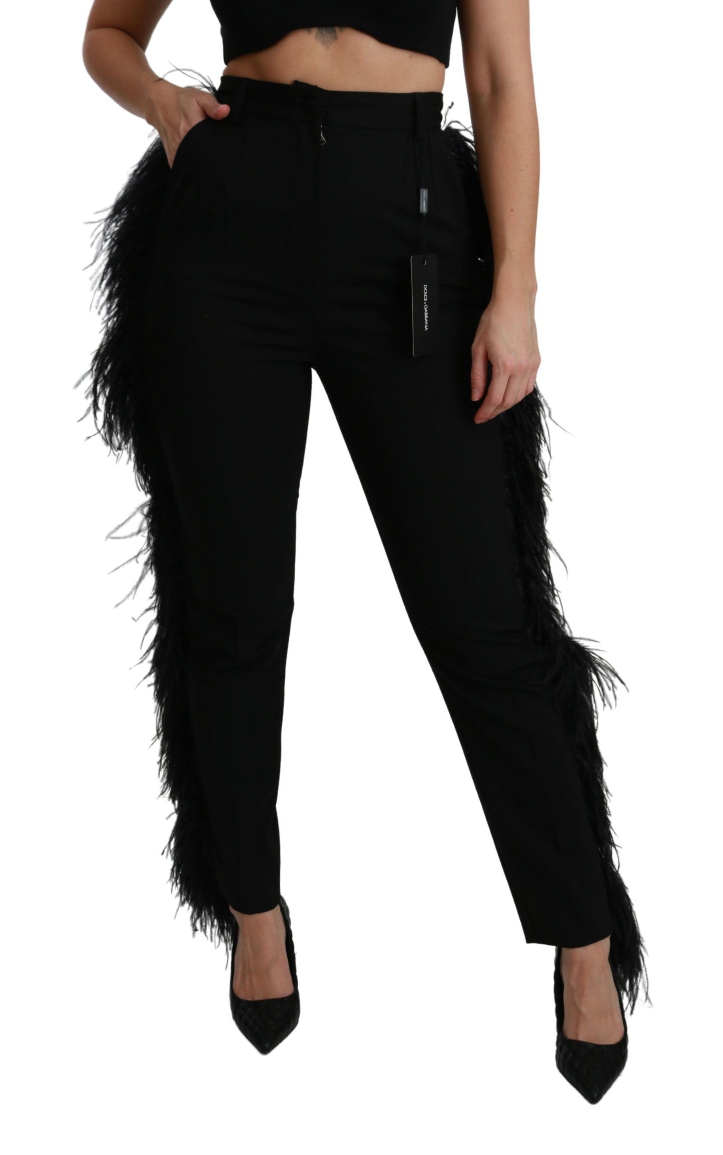 Dolce &amp; Gabbana Schwarze, gerade, hoch taillierte Wollhose mit Federn