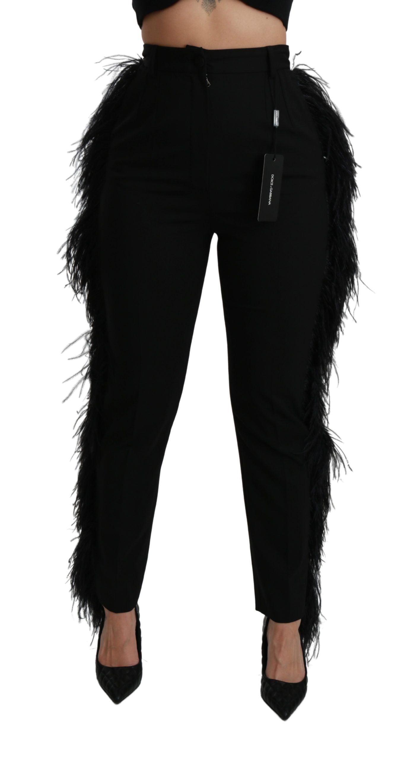 Dolce &amp; Gabbana Schwarze, gerade, hoch taillierte Wollhose mit Federn