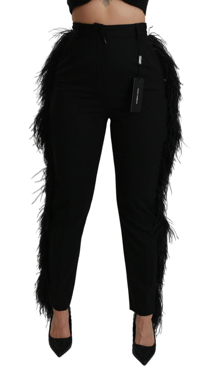 Dolce &amp; Gabbana Schwarze, gerade, hoch taillierte Wollhose mit Federn