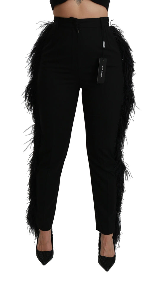 Dolce &amp; Gabbana Schwarze, gerade, hoch taillierte Wollhose mit Federn