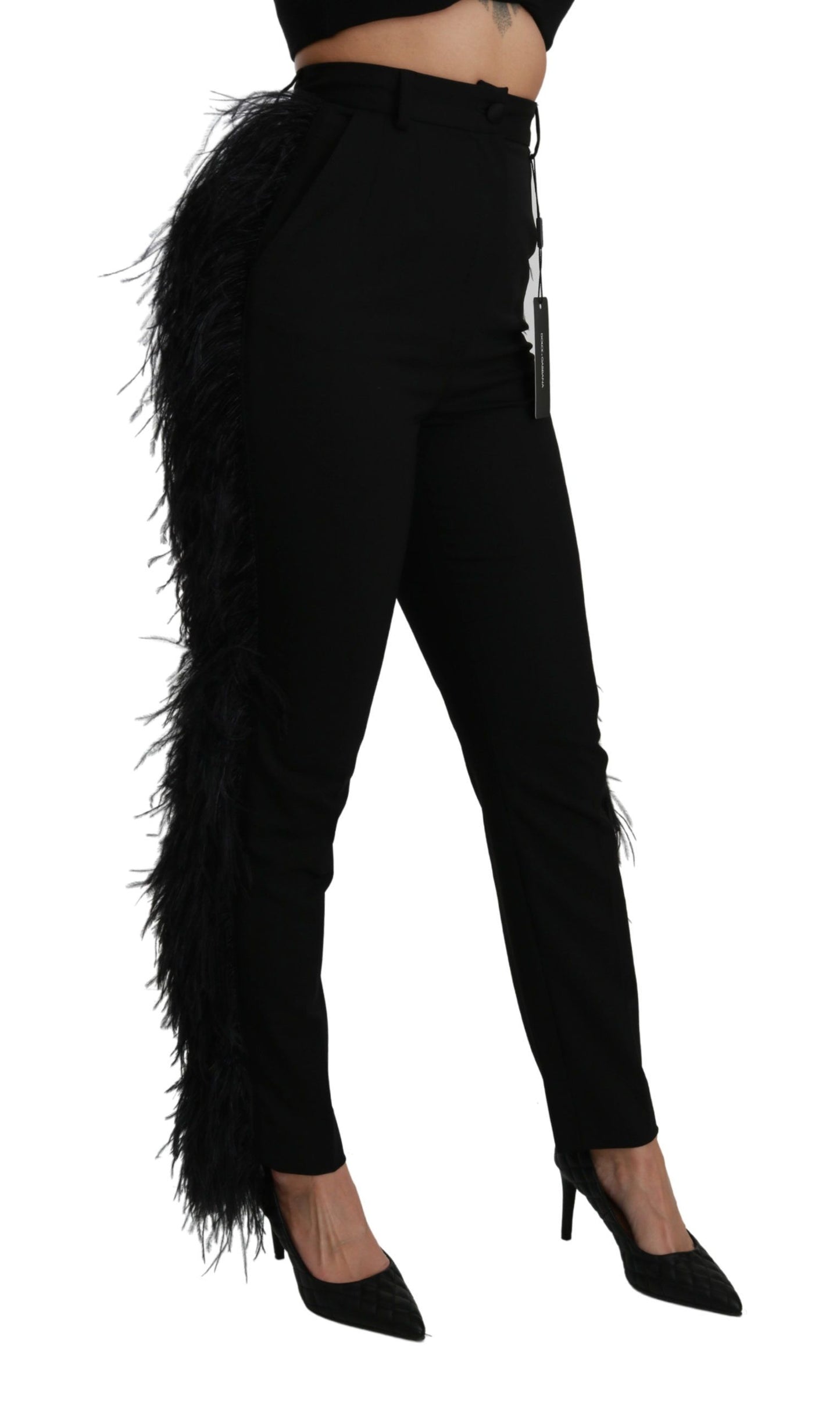 Dolce &amp; Gabbana Schwarze, gerade, hoch taillierte Wollhose mit Federn