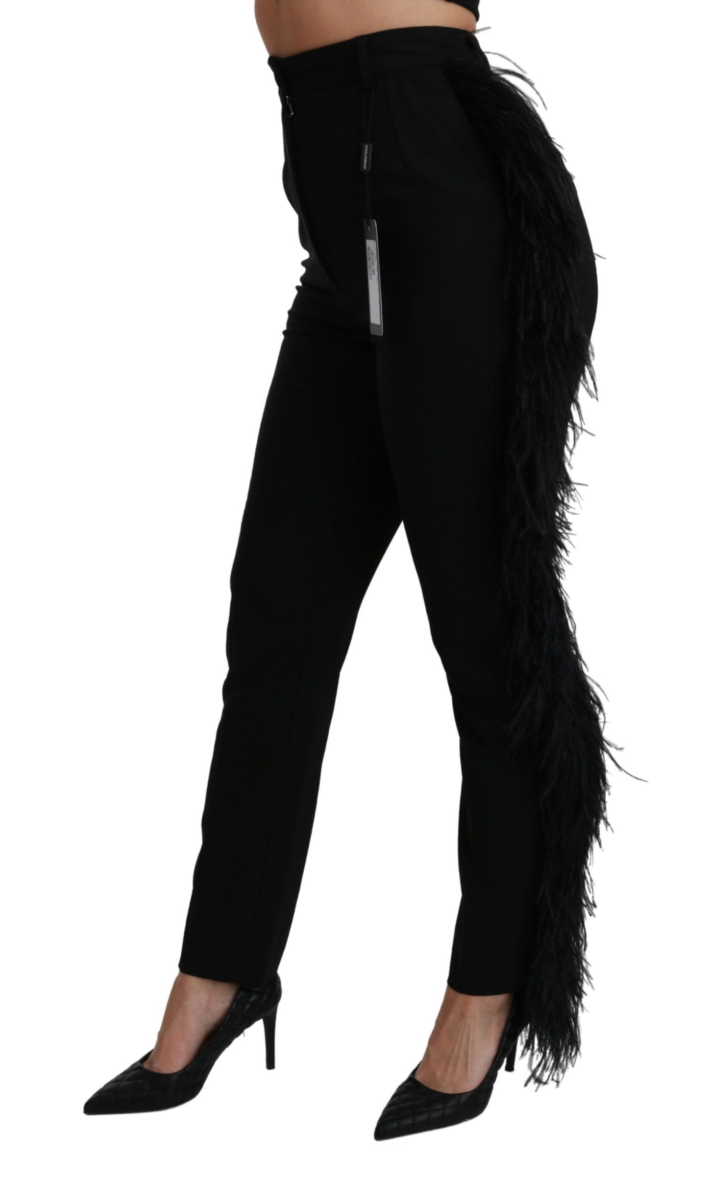 Dolce &amp; Gabbana Schwarze, gerade, hoch taillierte Wollhose mit Federn