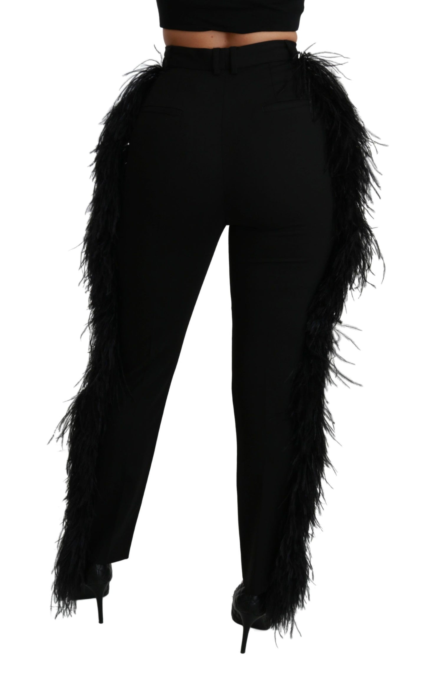 Dolce &amp; Gabbana Schwarze, gerade, hoch taillierte Wollhose mit Federn