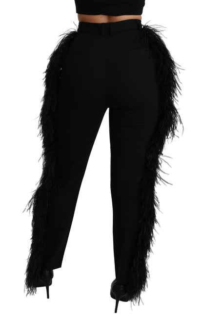 Dolce &amp; Gabbana Schwarze, gerade, hoch taillierte Wollhose mit Federn