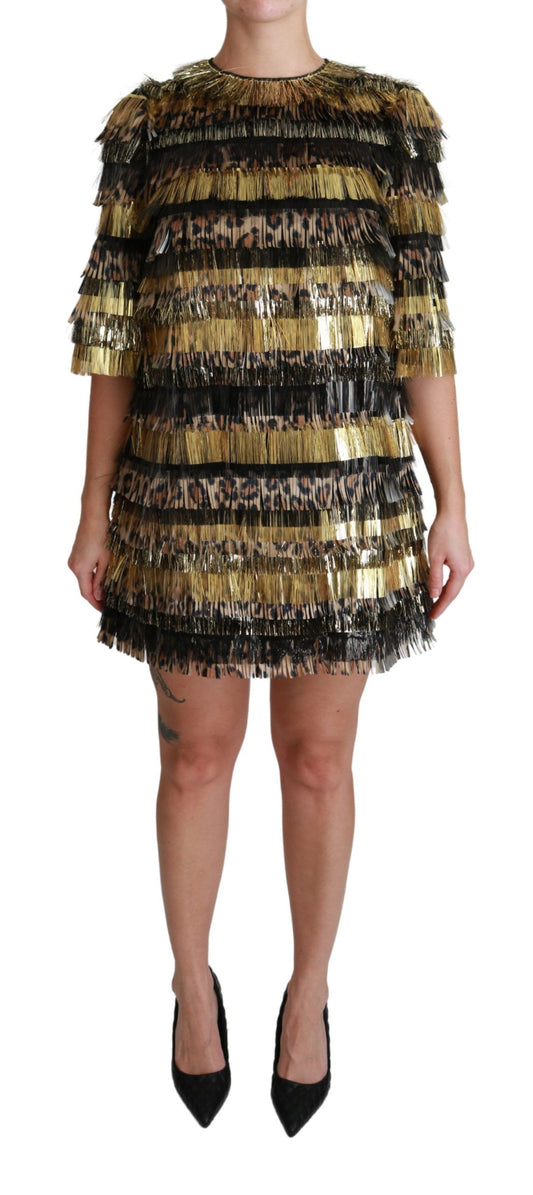 Dolce &amp; Gabbana – Mini-Etuikleid aus Polyester mit Leopardenmuster in Schwarz und Gold