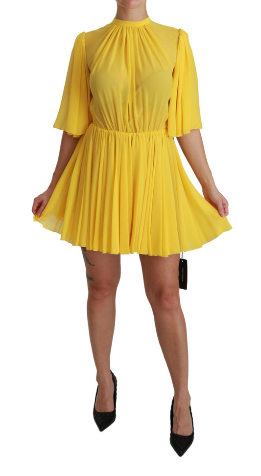 Dolce &amp; Gabbana – Gelbes, plissiertes A-Linien-Minikleid aus 100 % Seide