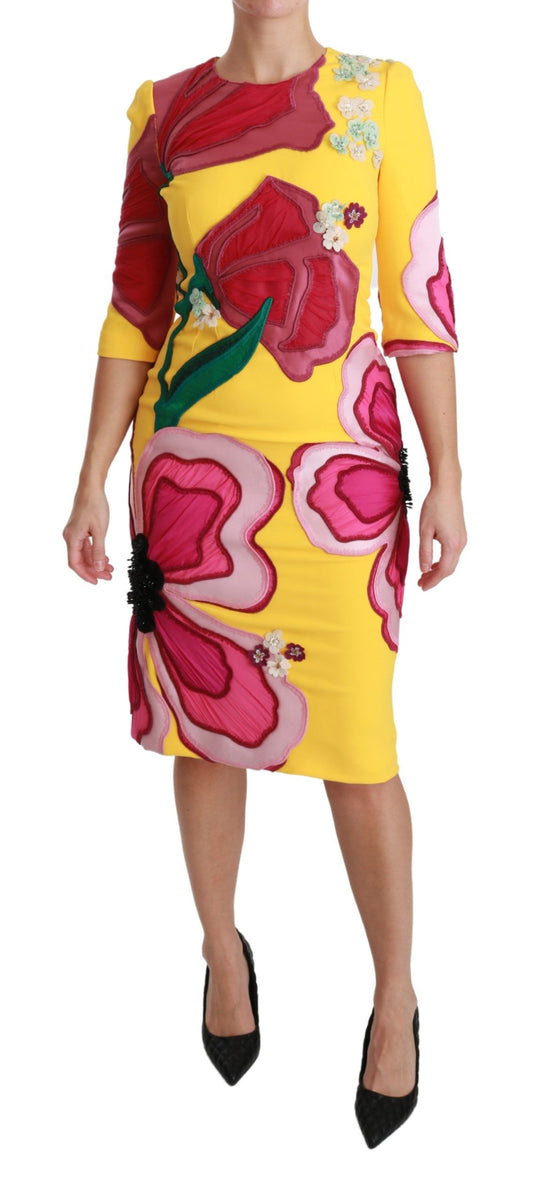 Dolce &amp; Gabbana – Gelbes, figurbetontes Etuikleid mit Blumenmuster und Kristallen