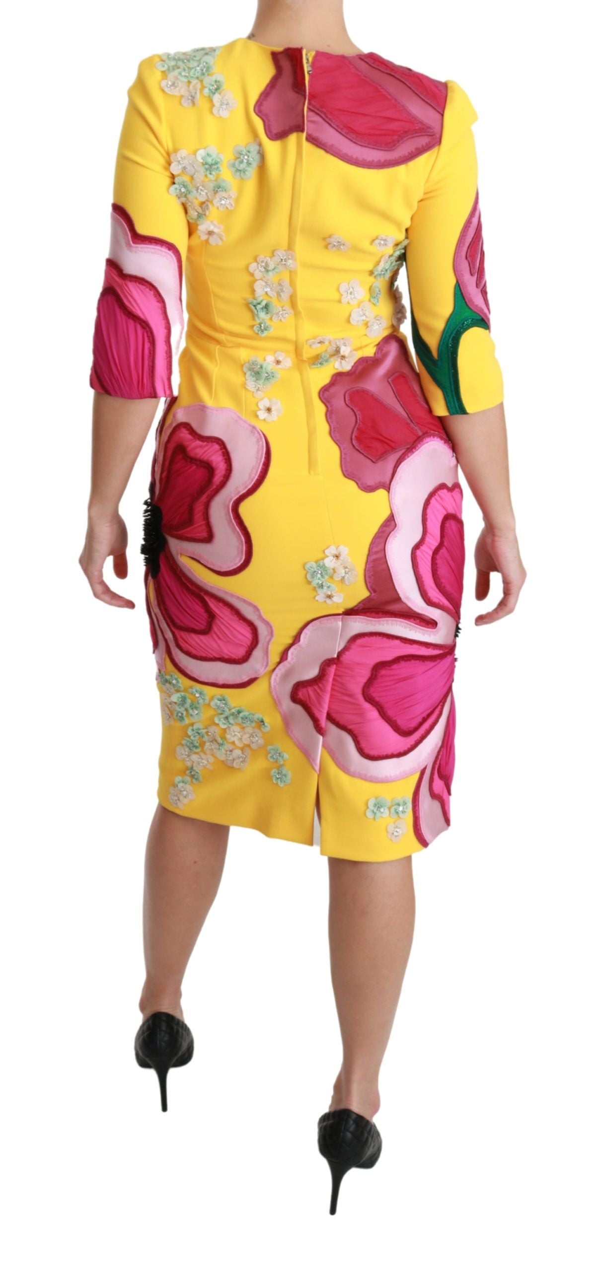 Dolce &amp; Gabbana – Gelbes, figurbetontes Etuikleid mit Blumenmuster und Kristallen
