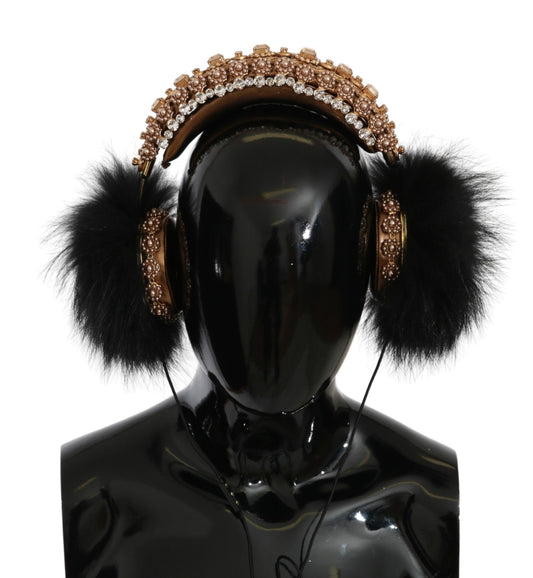 Dolce &amp; Gabbana Gold Schwarz Crystal Fur Headset Audio Kopfhörer