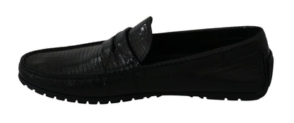 Dolce &amp; Gabbana – Flache Loafer aus schwarzem Eidechsenleder