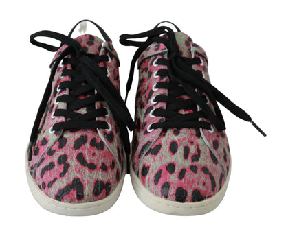 Dolce &amp; Gabbana – Rosa, flache Trainings-Sneaker aus Leder mit Leopardenmuster