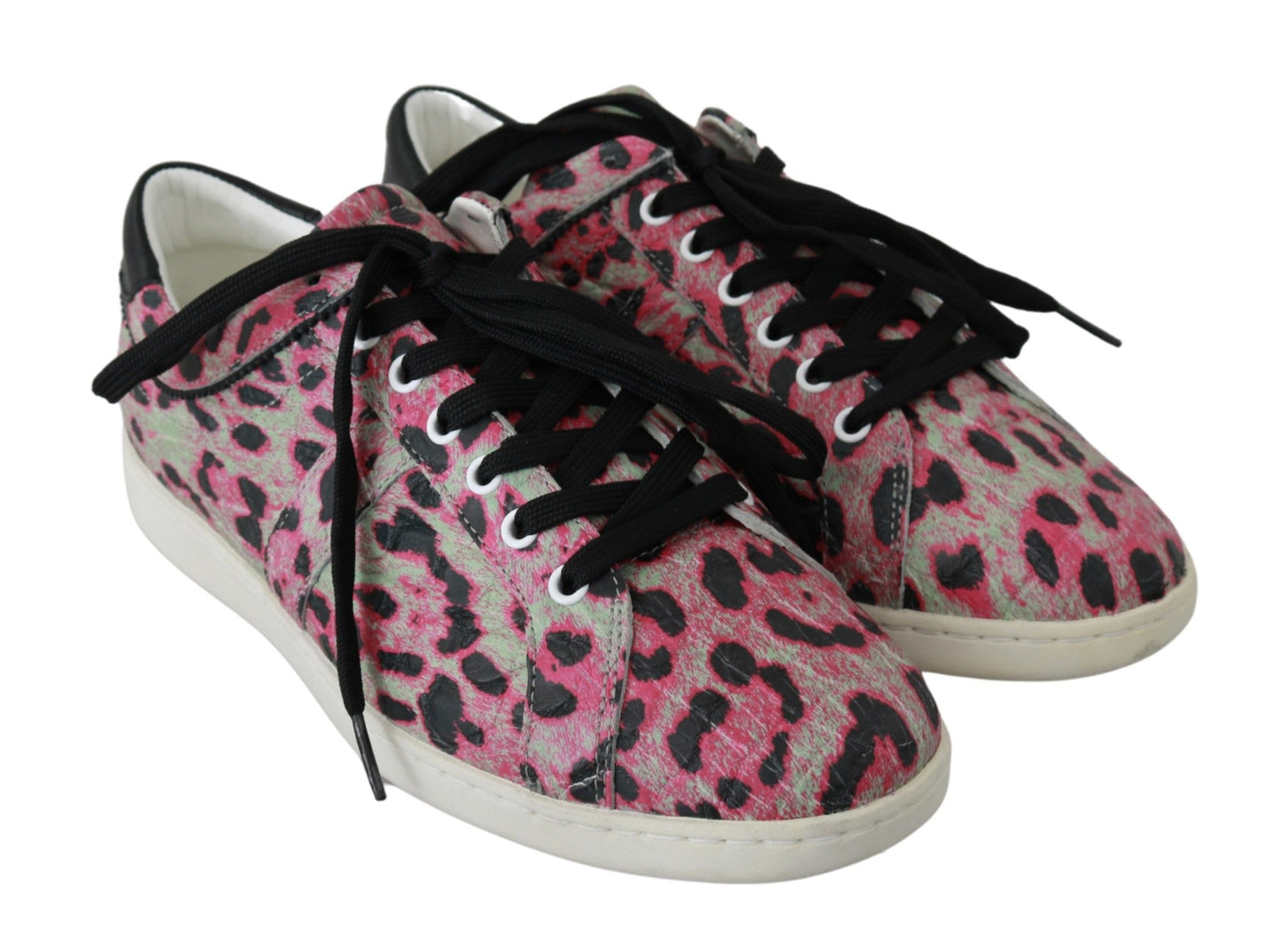 Dolce &amp; Gabbana – Rosa, flache Trainings-Sneaker aus Leder mit Leopardenmuster