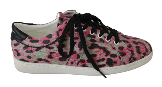 Dolce &amp; Gabbana – Rosa, flache Trainings-Sneaker aus Leder mit Leopardenmuster