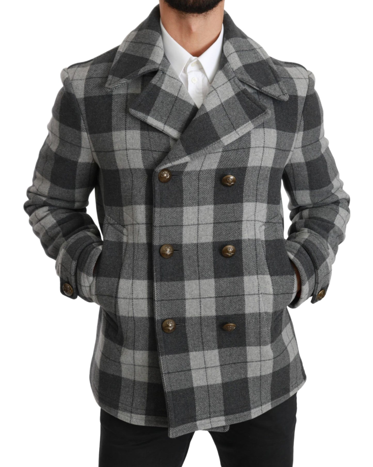 Dolce &amp; Gabbana Grau karierte Woll-Kaschmir-Manteljacke