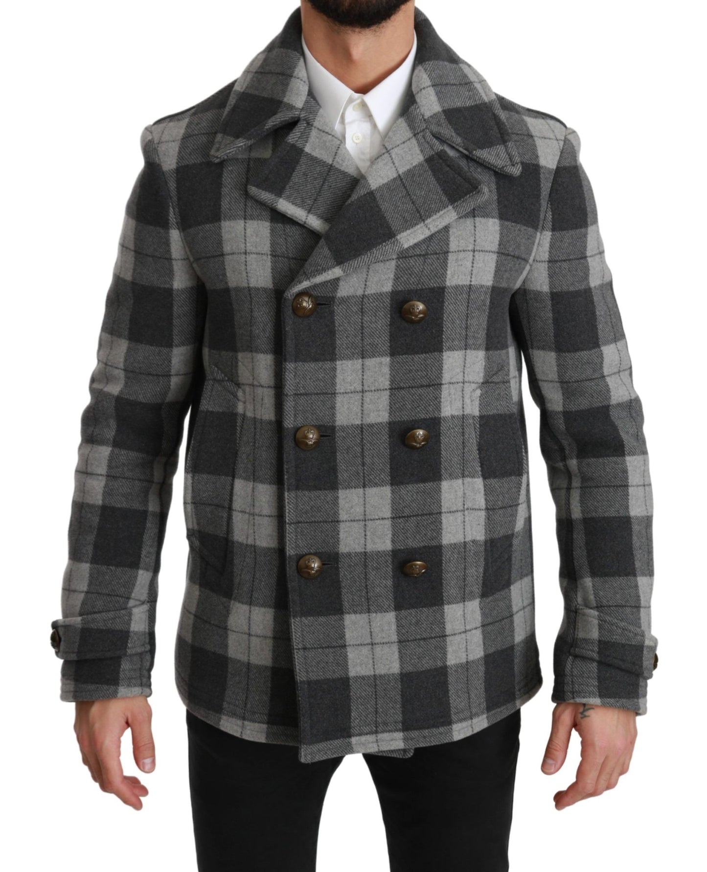 Dolce &amp; Gabbana Grau karierte Woll-Kaschmir-Manteljacke