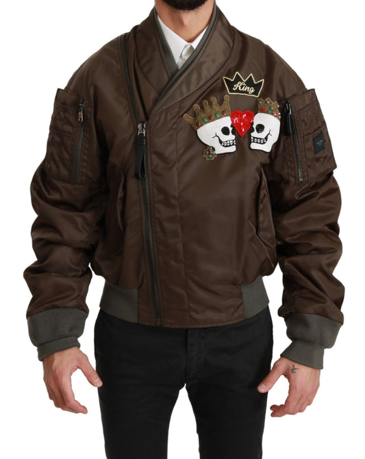 Dolce &amp; Gabbana – Braune Jacke mit Perlenkrone und Totenkopf-Logo