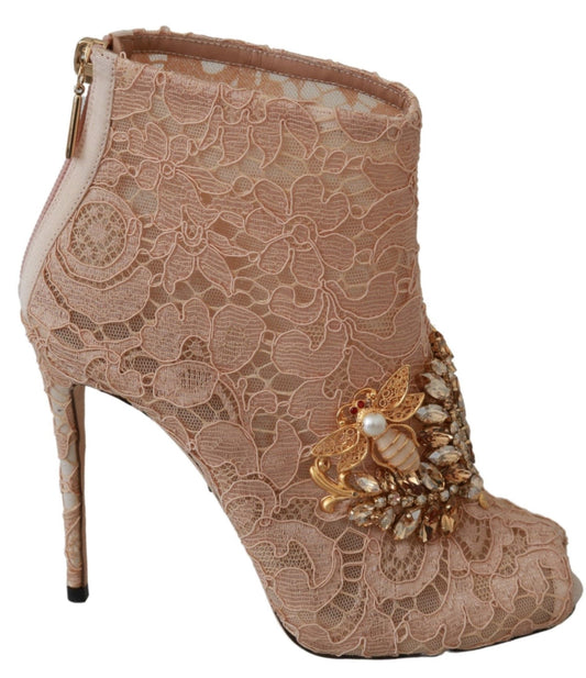 Dolce &amp; Gabbana Rosa Kristall Spitze Booties Stilettos Schuhe