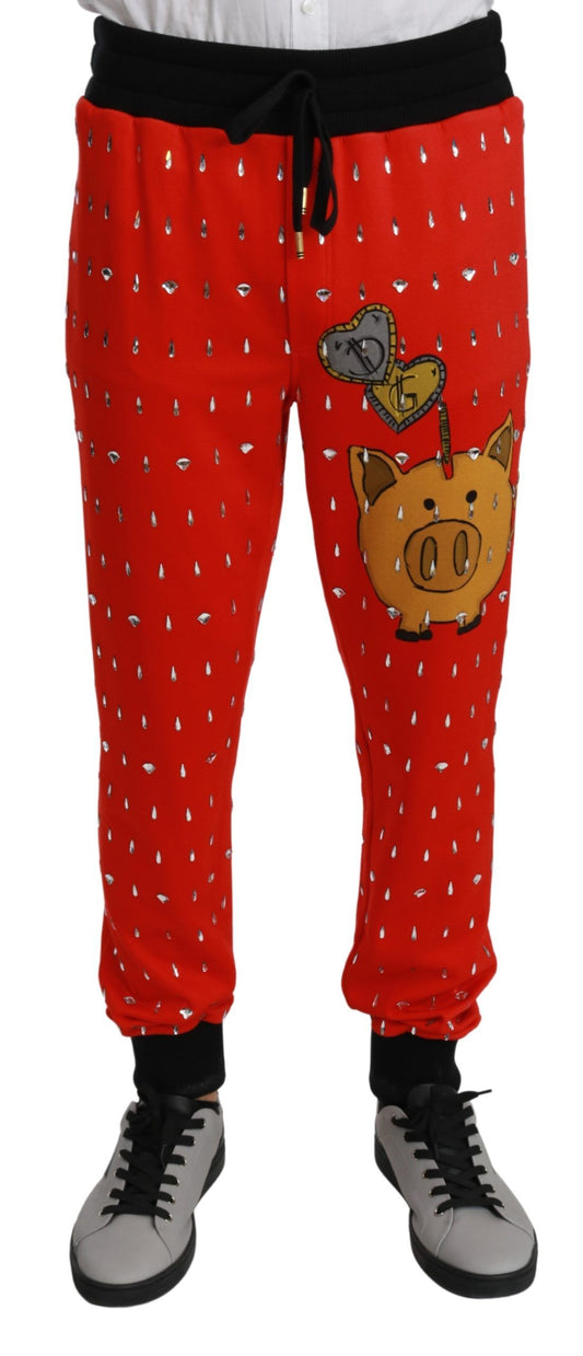 Dolce &amp; Gabbana Rote Sparschwein-Baumwollhose mit Kristallen