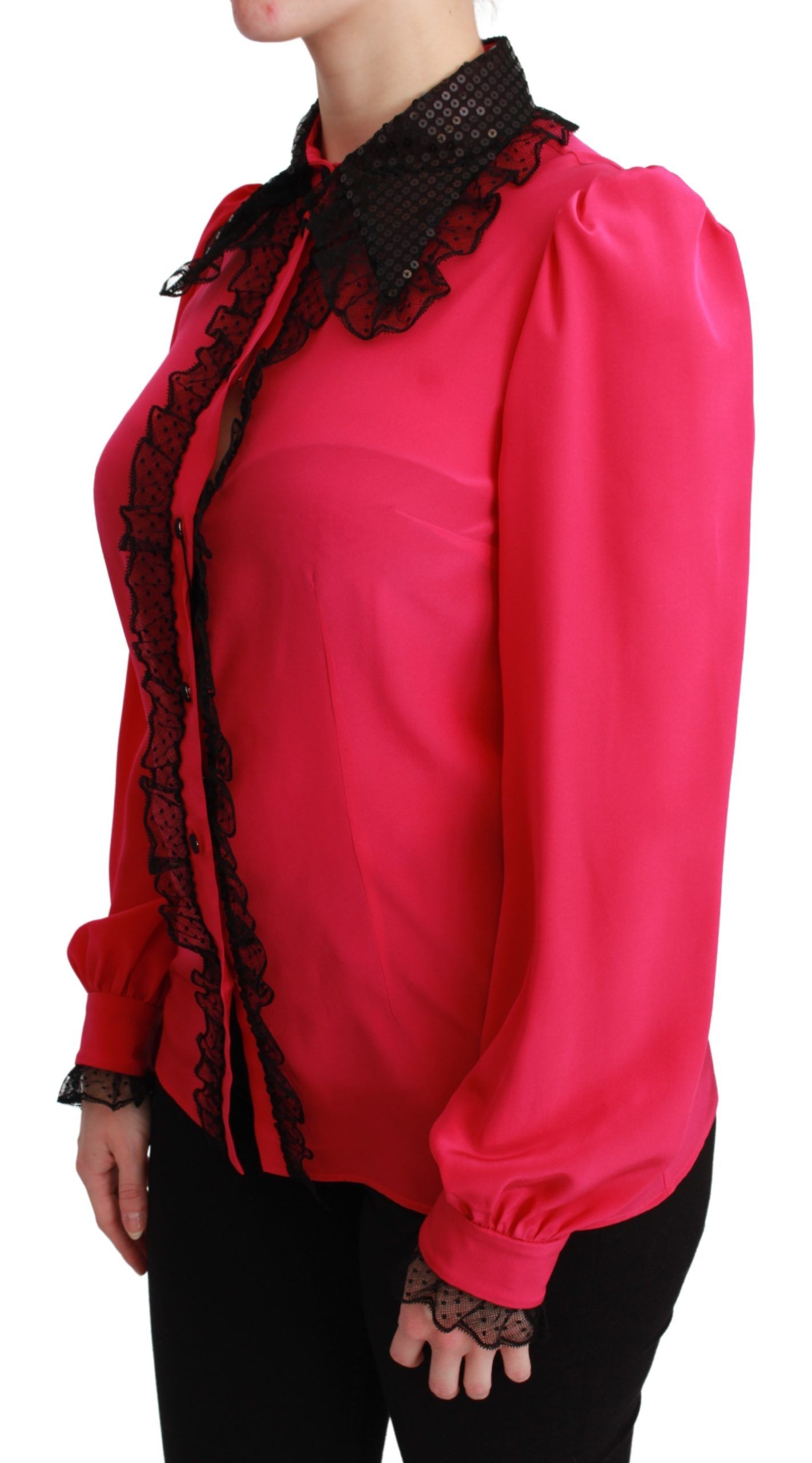 Dolce &amp; Gabbana Pink Silk Black Sequin Lace Shirt Blouse