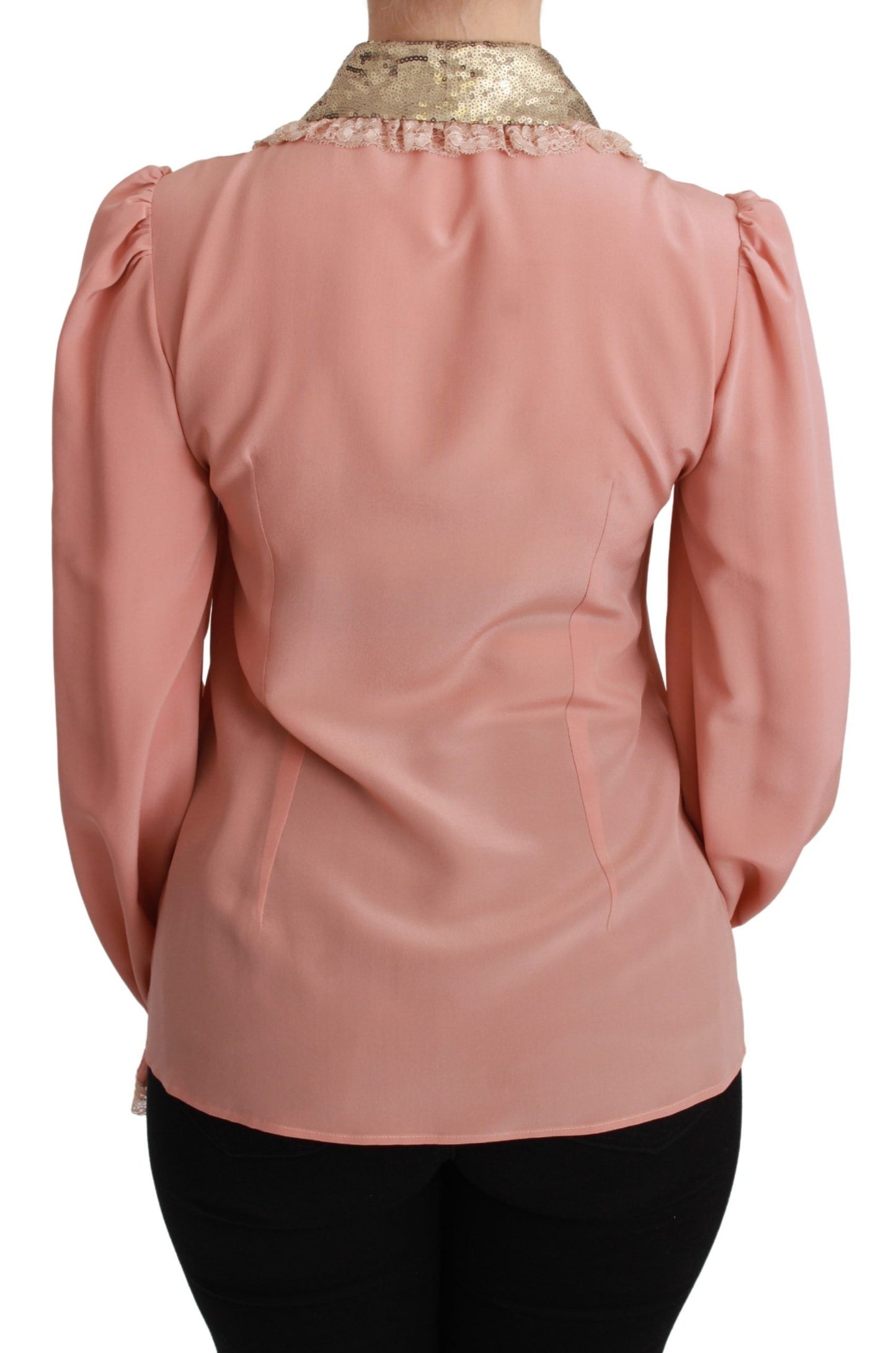 Dolce &amp; Gabbana Pink Silk Gold Sequin Lace Blouse Shirt