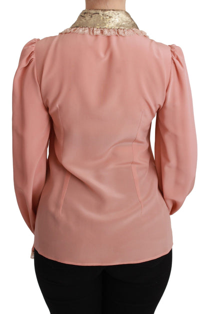 Dolce &amp; Gabbana Pink Silk Gold Sequin Lace Blouse Shirt